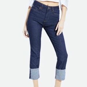 Guess 1981 Skinny Roll Up Hem High Waisted Jeans 25 dark wash raw ham‎ logo